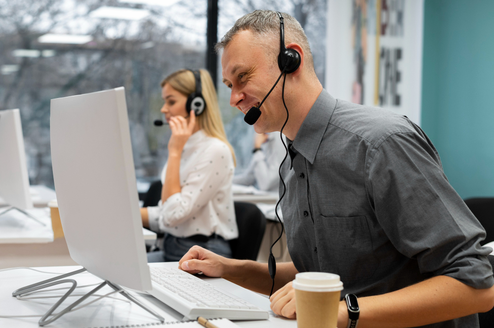 Kundenservice-Mitarbeiter bearbeitet eine Kundenanfrage am Arbeitsplatz.